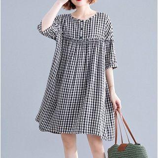 Elbow-sleeve Plaid Dress Black - One Size