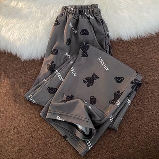 Band-waist Bear Print Straight Leg Pants