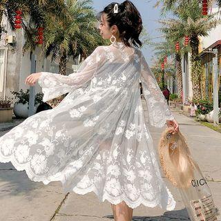 Bell-sleeve Open-front Maxi Chiffon Jacket
