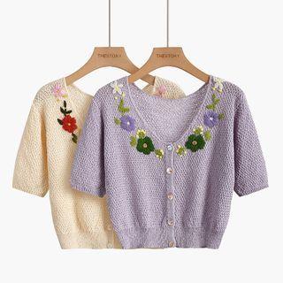 Flower Applique Short-sleeve Cropped Cardigan