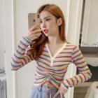Long-sleeve Striped Ruched Front Top