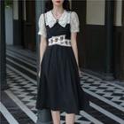 Mock Two-piece Short-sleeve Floral Embroidered Dress