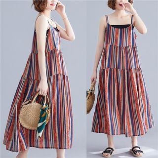 Striped Spaghetti Strap Midi Shift Dress Stripe - Tangerine & Blue - One Size