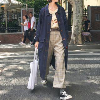 Single-breasted Contrast Stitch Long Jacket Dark Navy Blue - One Size