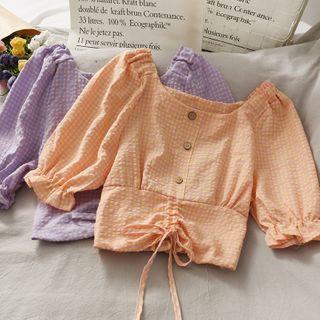 Checker Boatneck Drawstring Crop Top
