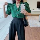 Leopard Print Puff-sleeve Shirt Top + High-waist Pants