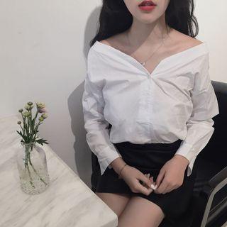 V-neck Off Shoulder Plain Blouse