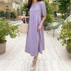 Puff-sleeve Long Dress Purple - One Size