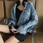 Fringed Washed Crop Denim Jacket As Shown In Figure - One Size