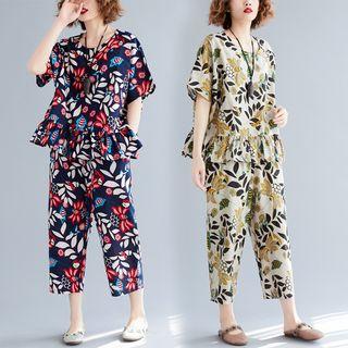 Set: Leaf Print Elbow-sleeve Blouse + Cropped Harem Pants