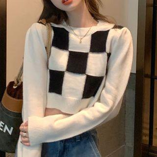 Checkerboard Pattern Knit Crop Top Black & White - One Size