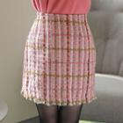 Fringe-hem Wool Blend Tweed Miniskirt Pink - One Size