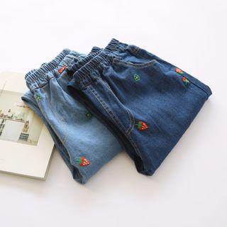 Strawberry Embroidered Band Waist Jeans