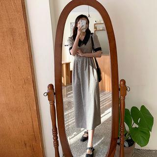 Short-sleeve Pleated-trim Check Dress Brown - One Size