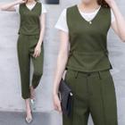 Set: Short-sleeve T-shirt + V-neck Sleeveless Top + Cropped Pants