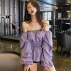 Off Shoulder Long-sleeve Plaid Top Purple - One Size
