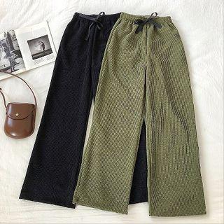 Plain High-waist Corduroy Lace-up Pants