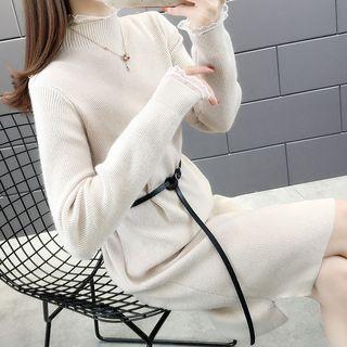 Belted Lace Cuff Midi Sweater Dress