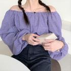 Plaid Off-shoulder Long-sleeve Cropped Blouse As Shown In Figure - One Size