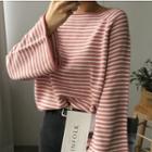 Long-sleeve Striped Knit Top Pink - One Size