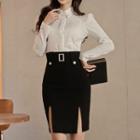 Set: Button-down Collar Plain Blouse + Slit-front Pencil Skirt