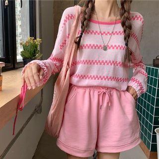 Long-sleeve Striped T-shirt / Drawstring Wide Leg Shorts