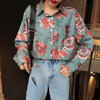 Print Long-sleeve Loose-fit Shirt Green - One Size