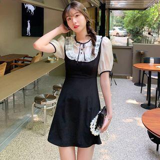 Short-sleeve Mesh Panel Bow A-line Dress