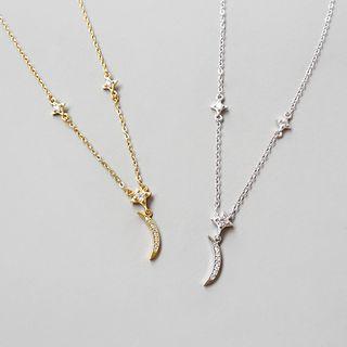 925 Sterling Silver Rhinestone Moon & Star Pendant Necklace Platinum - One Size