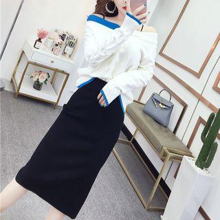 Set: V-neck Knit Top + Midi Skirt