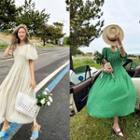 Balloon-sleeve Smocked Floral Long Dress