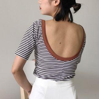 Open-back Slim-fit Striped Short-sleeve T-shirt