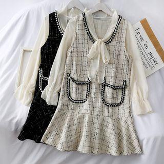 Set: Ribbon-neckline Chiffon Blouse + Woolen Tank Dress