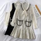 Set: Ribbon-neckline Chiffon Blouse + Woolen Tank Dress