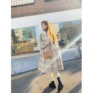 Single-breasted Wool Blend Plaid Coat With Sash