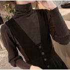 Set: Turtleneck Long-sleeve Top + V-neck A-line Jumper Dress