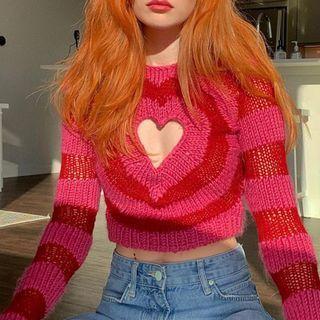Long Sleeve Striped Heart Cut-out Crop Sweater