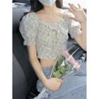 Short-sleeve Floral Lace Trim Crop Top Pink Floral - White - One Size