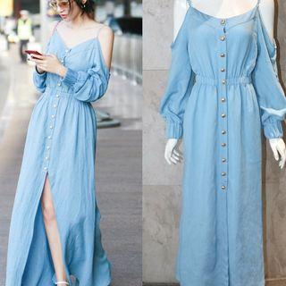 Off-shoulder Single-breasted Maxi Dress