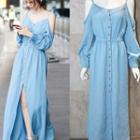 Off-shoulder Single-breasted Maxi Dress