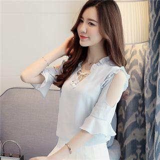 Frill Trim Cut Out Shoulder Elbow Sleeve Blouse