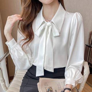 Puff Long-sleeve Plain Bow Accent Satin Shirt