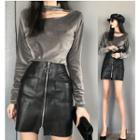 Long-sleeve Mock Neck Cut Out Velvet Top / Faux Leather Mini A-skirt