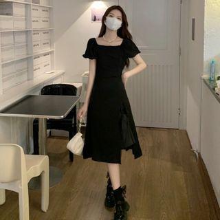 Puff-sleeve Square-neck Mock Two-piece Panel Dress