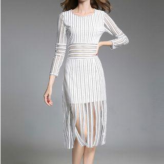 3/4-sleeve Perforated Striped Midi Sheath Dress