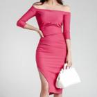 Off-shoulder Ruched Slit Sheath Dress