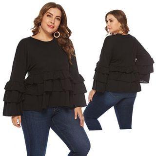 Plus Size Long Sleeve Round Neck Ruffled T-shirt