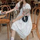 Puff-sleeve Flower Print A-line Dress / Lace Overall Dress