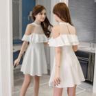 Short-sleeve Cold Shoulder Ruffled Mesh Paneled A-line Mini Dress