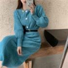 Set: V-neck Cardigan + Cable Knit Skirt